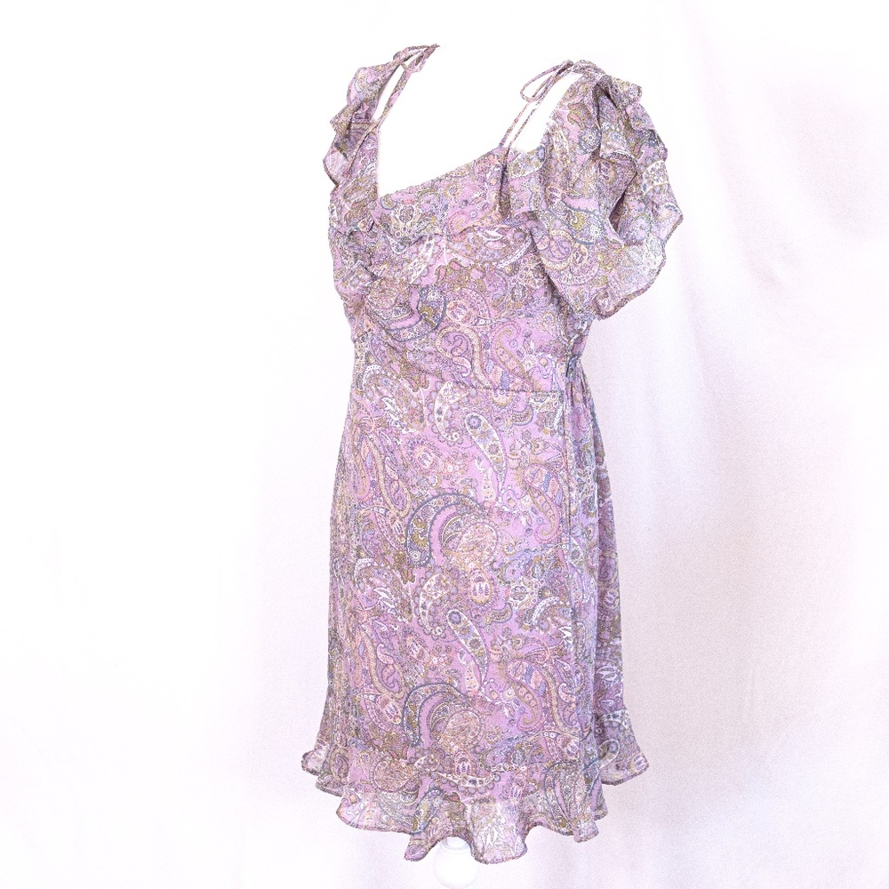 Pretty Pink Paisley Floral Pattern Print Rewind Dress with Short Flutter Sleeves